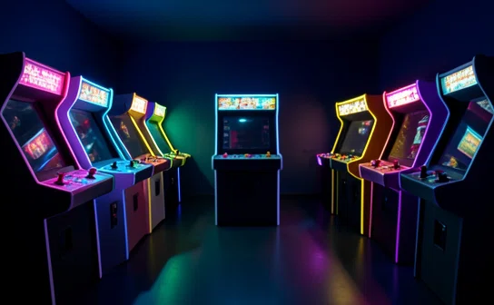 Mesin arcade berwarna-warni dengan pencahayaan neon