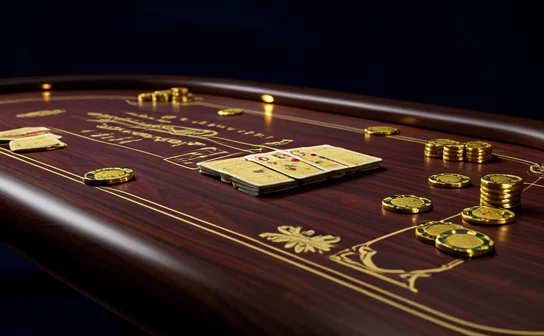 Meja live casino mewah dengan kartu dan chip keemasan